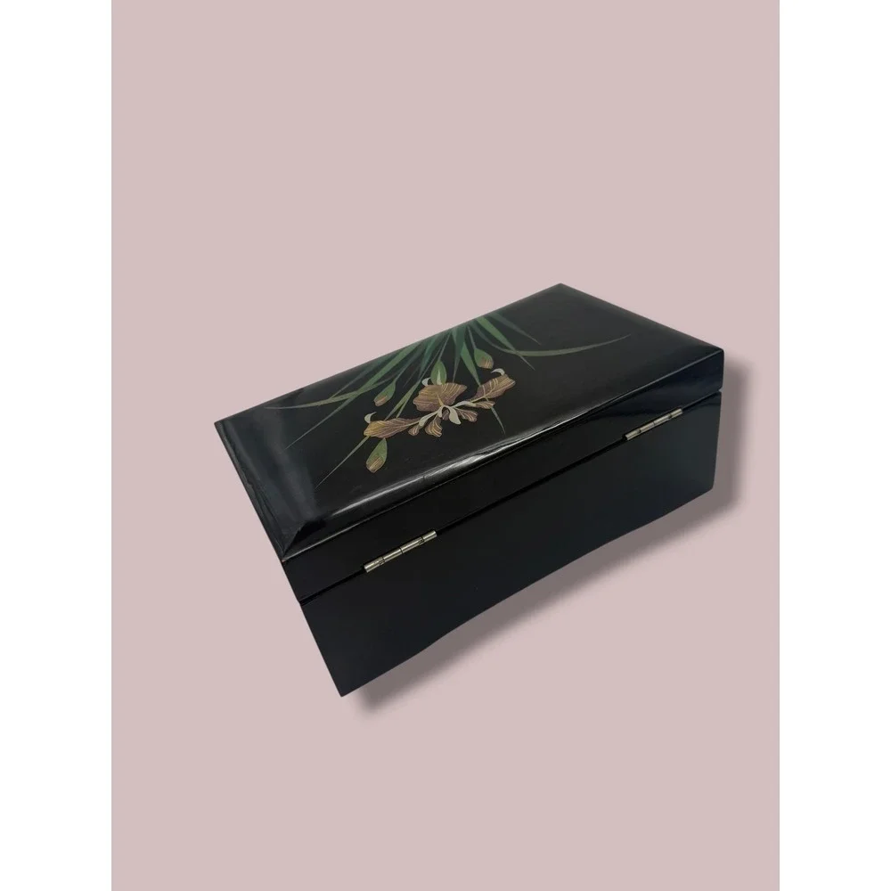 San Francisco Music Box Co Black Lacquer Iris Jewelry Box Lara's Theme Vintage